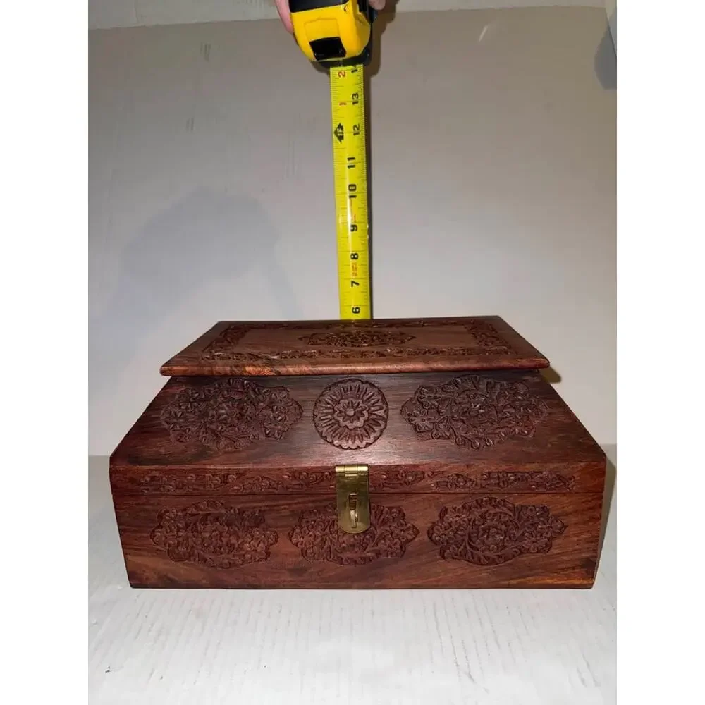 Vintage Hand-Carved Anglo-Indian Jewelry Box in Teak Wood with floral inlay